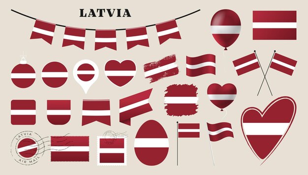 conjunto de bandera de letonia Varias colecciones de banderas nacionales con diferentes formas como escudo de corazón, huevo de Pascua, ubicación, círculo, sello postal, grunge, cuadrado, redondo y rectángulo, ilustración vectorial