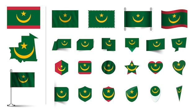 conjunto de bandera de Mauritania plano Icon set vector ilustración botón de bandera agitando renderización 3d