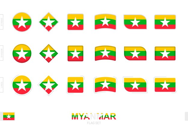 Conjunto de bandera de myanmar, banderas simples de myanmar con tres efectos diferentes.