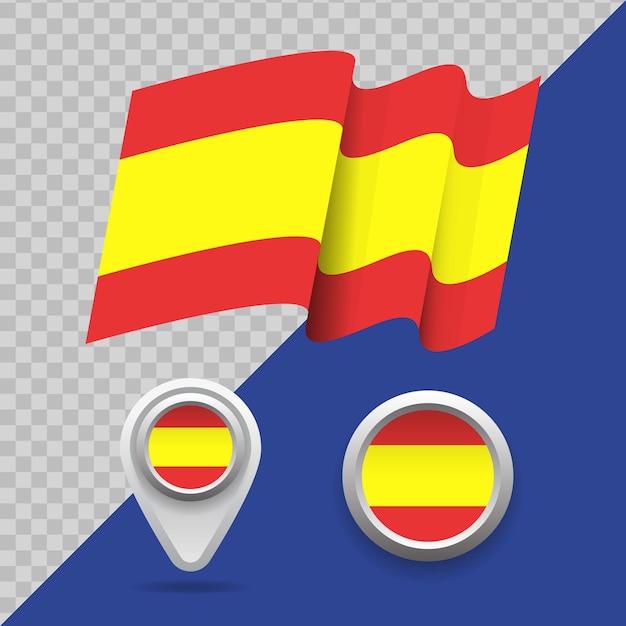 Conjunto de bandera nacional de España. Bandera de España 3D, marcadores de mapa y emblema en la ilustración de vector de fondo transparente