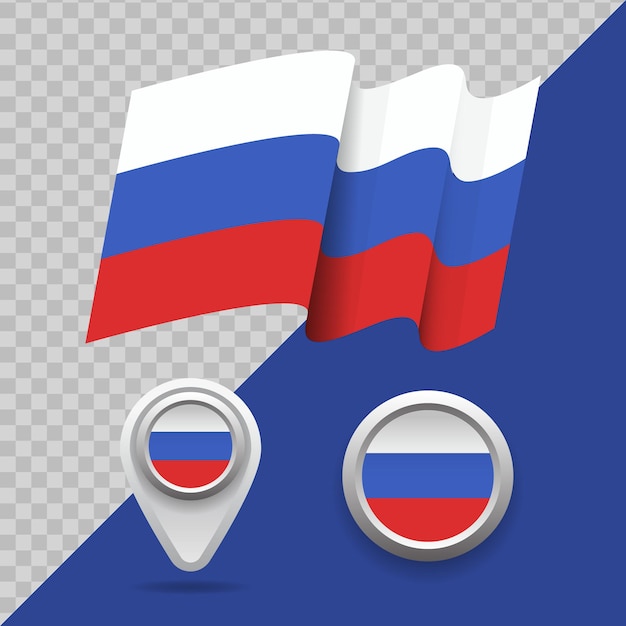 Conjunto de bandera nacional de Rusia. Bandera de Rusia 3D, marcadores de mapa y emblema en la ilustración de vector de fondo transparente