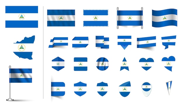 conjunto de bandera de Nicaragua plano Icon set vector ilustración botón de bandera agitando símbolos de renderización 3d