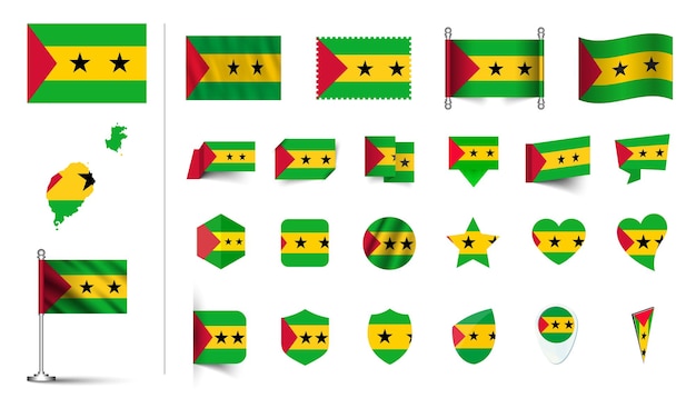 conjunto de bandera plana de Santo Tomé y Príncipe Iconos conjunto de vector ilustración botón de bandera agitando