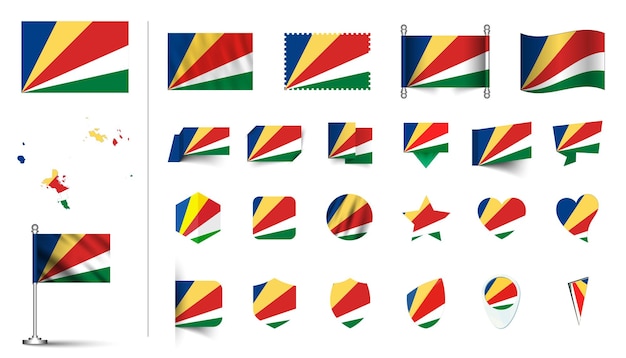 conjunto de bandera de las Seychelles plano Icon set vector ilustración botón de bandera agitando renderización 3d
