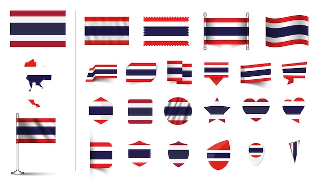 conjunto de bandera de Tailandia plano Icon conjunto vector ilustración botón de bandera agitando símbolos de renderización 3d