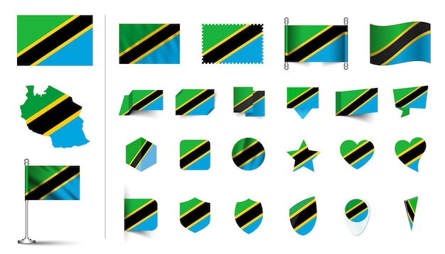 conjunto de bandera de Tanzania plano Icon conjunto vector ilustración botón de bandera agitando símbolos de renderización 3d