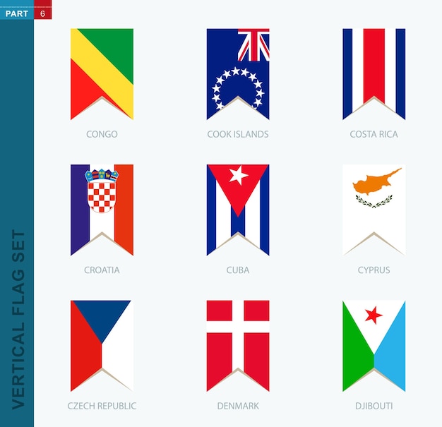 Conjunto de bandera vertical de nueve vectores icono vertical con bandera de congo islas cook costa rica croacia cuba chipre república checa dinamarca djibouti