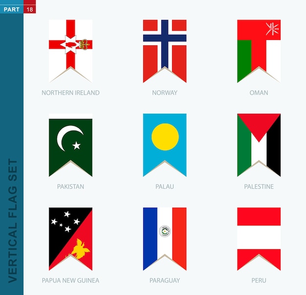 Conjunto de bandera vertical de nueve vectores icono vertical con bandera de irlanda del norte noruega omán pakistán palau palestina papúa nueva guinea paraguay perú