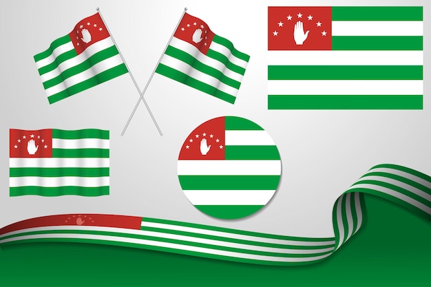Conjunto de banderas de Abjasia en diferentes diseños, icono, banderas y cinta con fondo.