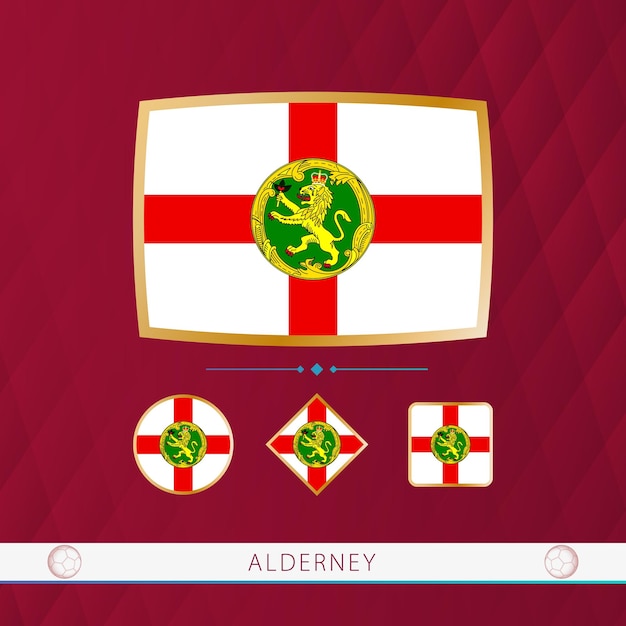 Conjunto de banderas de Alderney con marco dorado para su uso en eventos deportivos sobre un fondo abstracto de borgoña