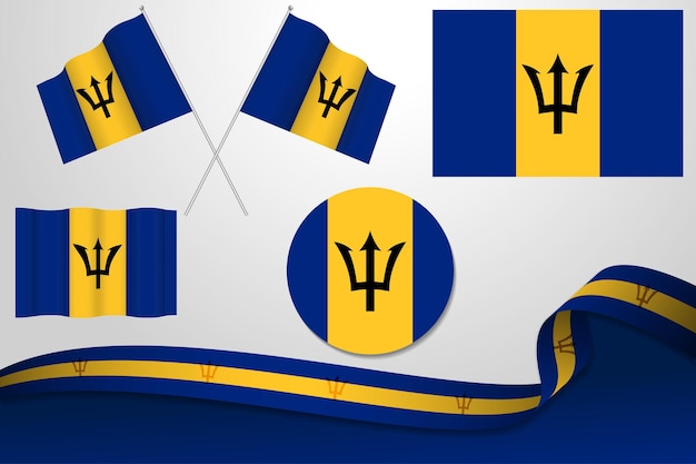 Conjunto de banderas de Barbados en diferentes diseños icono desollando banderas con cinta con fondo