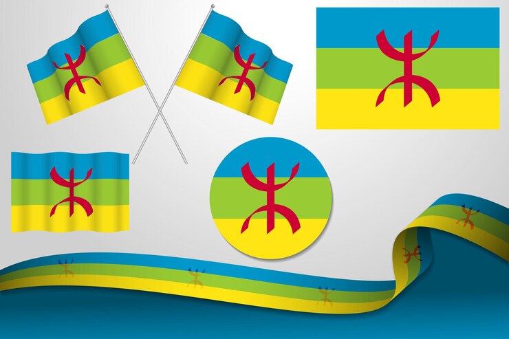 Vector conjunto de banderas bereberes, amazigh en diferentes diseños, icono, banderas desolladas y cinta con fondo.