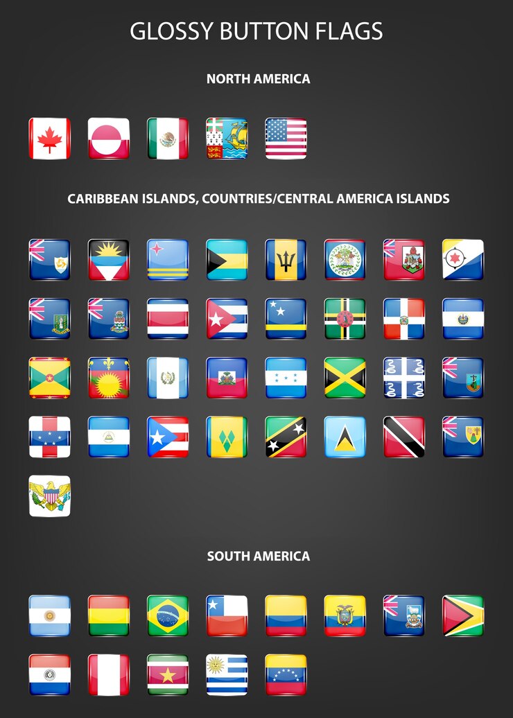 Vector conjunto de banderas de botones brillantes - américa del norte y del sur, islas del caribe, países, islas de américa central.