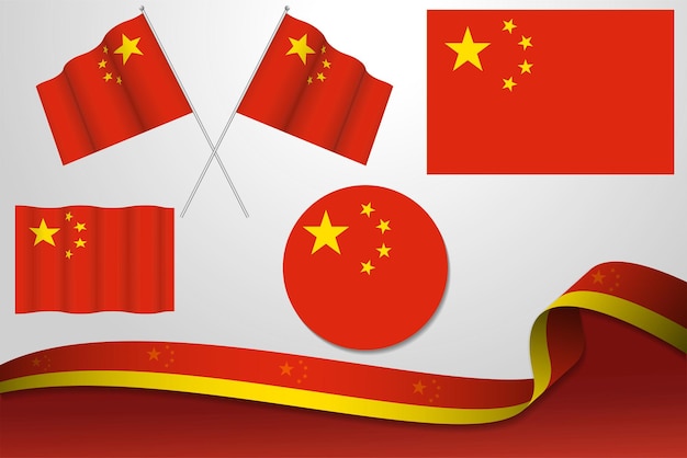 Conjunto de banderas de China en diferentes diseños Icono desollando banderas con cinta con fondo
