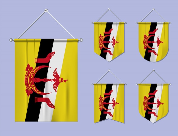 Conjunto de banderas colgantes brunei con textura textil. formas de diversidad del país de bandera nacional. banderín de plantilla vertical.