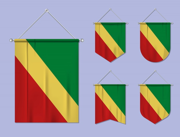 Conjunto de banderas colgantes congo con textura textil. formas de diversidad del país de bandera nacional. banderín de plantilla vertical