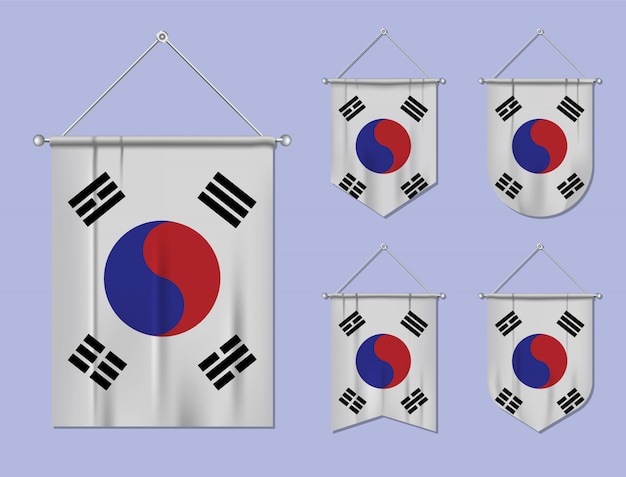 Conjunto de banderas colgantes corea del sur con textura textil. formas de diversidad del país de bandera nacional. banderín de plantilla vertical.