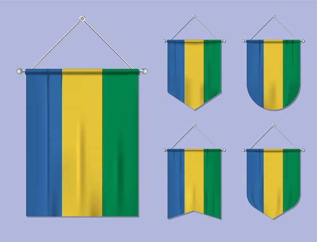 Vector conjunto de banderas colgantes gabón con textura textil. formas de diversidad del país de bandera nacional. banderín de plantilla vertical