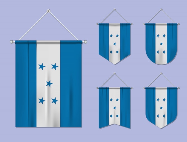 Conjunto de banderas colgantes Honduras con textura textil. Formas de diversidad del país de bandera nacional. Banderín de plantilla vertical
