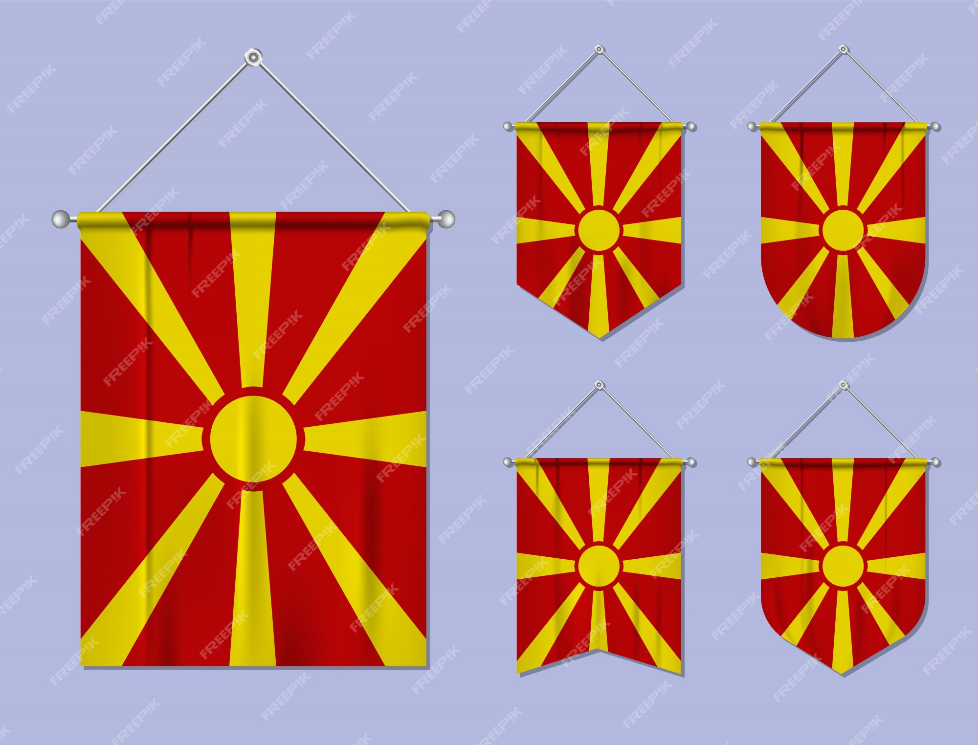 de banderas colgantes macedonia textura textil. formas diversidad del país de bandera nacional. banderín de plantilla vertical | Vector Premium