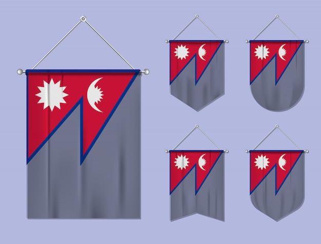 Conjunto de banderas colgantes Nepal con textura textil. Formas de diversidad del país de bandera nacional. Banderín de plantilla vertical