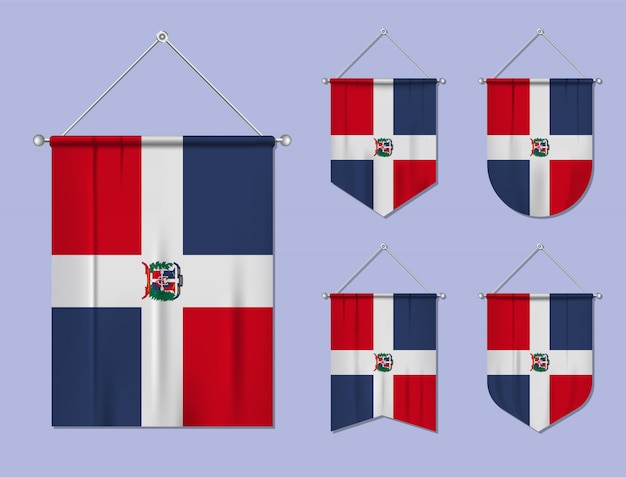 Conjunto de banderas colgantes República Dominicana con textura textil. Formas de diversidad del país de bandera nacional. Banderín de plantilla vertical