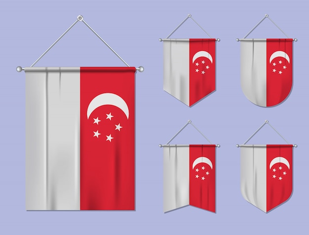 Conjunto de banderas colgantes singapur con textura textil. formas de diversidad del país de bandera nacional. banderín de plantilla vertical.