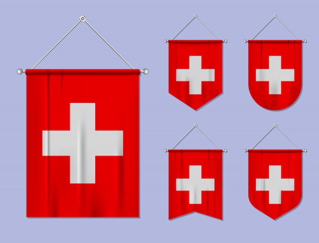 Vector conjunto de banderas colgantes suiza con textura textil. formas de diversidad del país de bandera nacional. banderín de plantilla vertical.