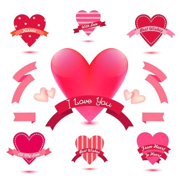 Vector conjunto de banderas de corazón, cintas, insignias de amor, iconos. conjunto de san valentín vintage, colección romántica, boda