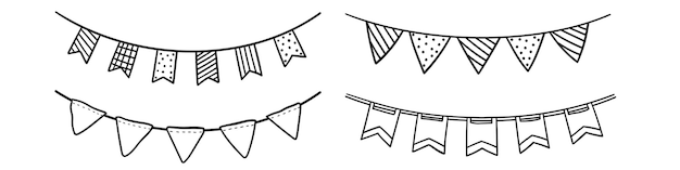 Conjunto de banderas Doodle para decoración Garland líneas negras boceto ilustración vectorial dibujada a mano