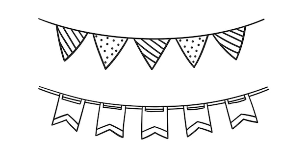 Conjunto de banderas Doodle para decoración Garland líneas negras boceto ilustración vectorial dibujada a mano