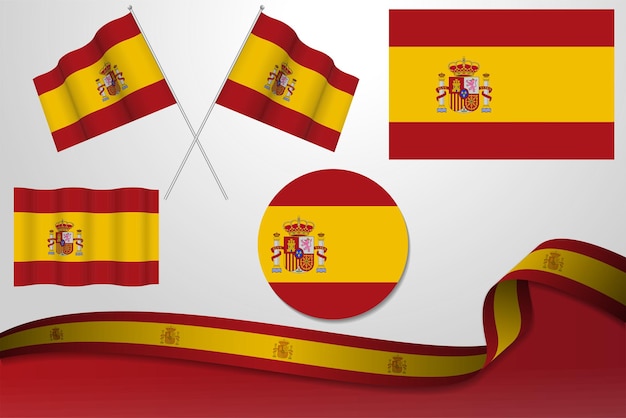 Conjunto De Banderas De España En Diferentes Diseños Icono Desollar Banderas Con Cinta Con Fondo