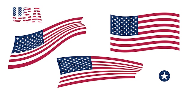 Vector conjunto de banderas estadounidenses ondulantes elemento de diseño vectorial.
