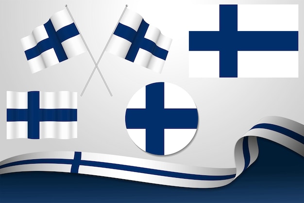 Vector conjunto de banderas de finlandia en diferentes diseños icono desollando banderas con cinta con fondo