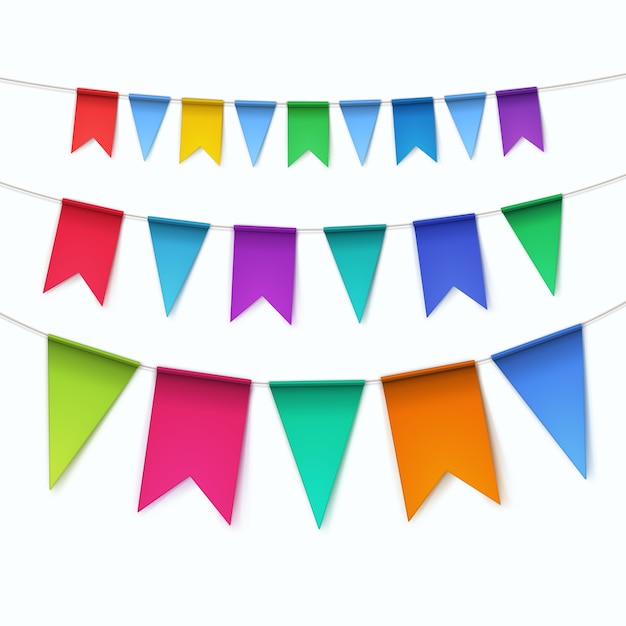 Conjunto de banderas de guirnaldas de empavesados multicolores sobre fondo blanco