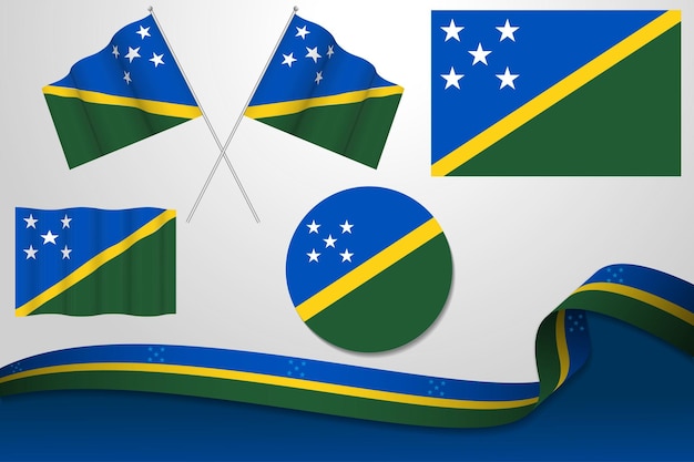 Conjunto de banderas de las Islas Salomón en diferentes diseños, icono, banderas desolladas y cinta con fondo.