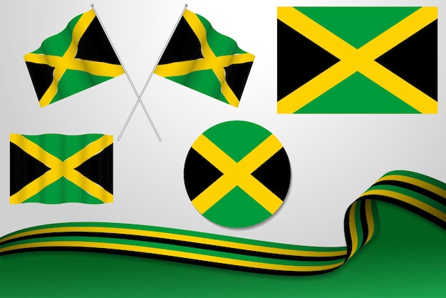 Conjunto de banderas de Jamaica en diferentes diseños icono desollando banderas con cinta con fondo