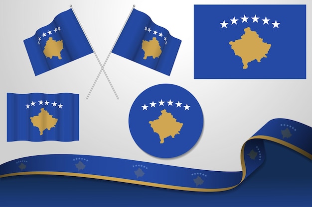 Conjunto de banderas de Kosovo en diferentes diseños, icono, banderas desolladas y cinta con fondo.