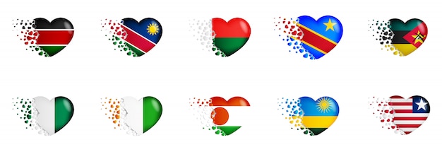 Vector conjunto de banderas nacionales del país de áfrica en la ilustración del corazón. las banderas nacionales ondean pequeños corazones