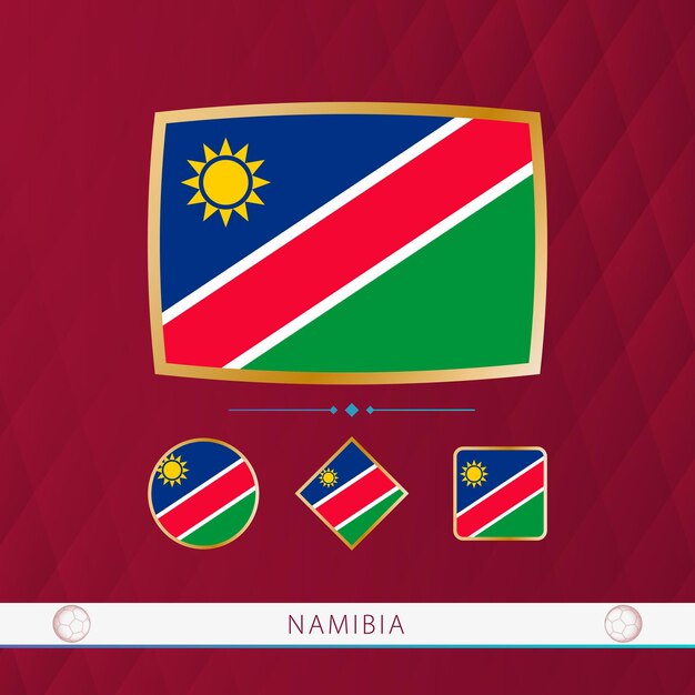 Conjunto de banderas de Namibia con marco dorado para su uso en eventos deportivos sobre un fondo abstracto de borgoña