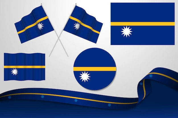 Conjunto de banderas de nauru en diferentes diseños, icono, banderas y cinta con fondo.