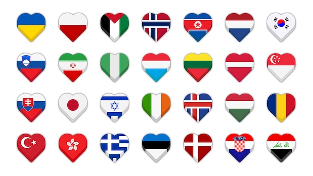 Conjunto de banderas de país 3d de forma de amor vectorial
