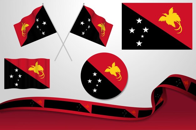 Conjunto de banderas de Papua Nueva Guinea en diferentes diseños, icono, banderas desolladas y cinta con fondo.