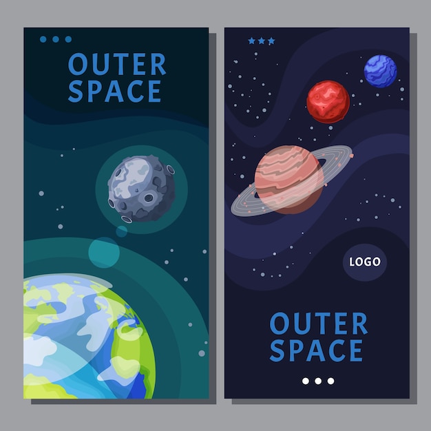 Conjunto de banderas de planetas planos dibujados a mano