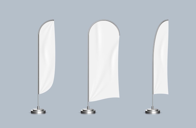 Conjunto de banderas de playa realistas Banners publicitarios de exposición de plantillas con lienzo blanco para marcas y anuncios