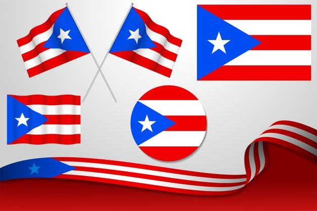 Conjunto de banderas de puerto rico en diferentes diseños icono desollar banderas con cinta con fondo