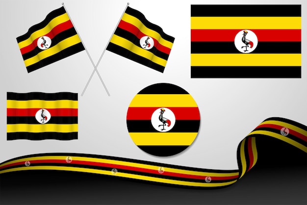 Conjunto de banderas de Uganda en diferentes diseños icono desollando banderas con cinta con fondo