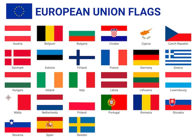 Conjunto de banderas de la unión europea con nombres de países. signos y símbolos políticos y económicos. bandera de europa