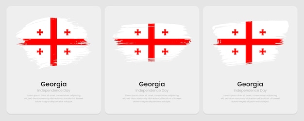 Un conjunto de banderas vectoriales de Georgia en una tarjeta abstracta con efecto de sombra