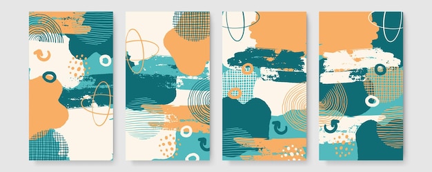 Conjunto de banner abstracto con espacio de copia y trazos de pincel y marcas de mano. Papel tapiz de moda con acuarela, hojas tropicales enmarcadas, pincel y brillo de pincel